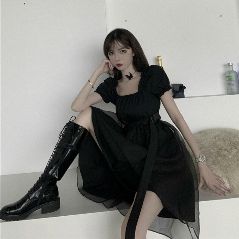 Vestido gótico negro japonés Lolita para mujer, vestido victoriano Vintage de manga corta abombada, Organza, malla, cuello cuadrado, línea A, Punk