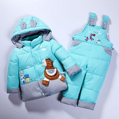 Manteau d'hiver duvet de canard pour enfants | Ensemble de vêtements pour enfants, veste à capuche, pantalon, ensemble combinaison, dessin animé poney, combinaison de neige TZ123: Sky Blue / 18M