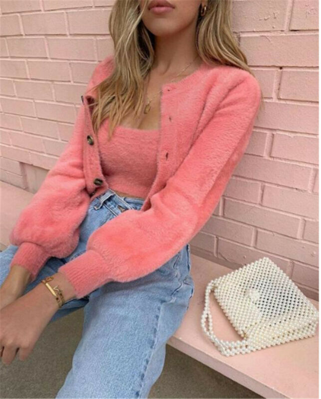 2 uds. Abrigo de lana de felpa suave de informal para mujer chaqueta de manga larga de Color sólido chaqueta de invierno cálido suéter botón prendas de vestir Rosa verde