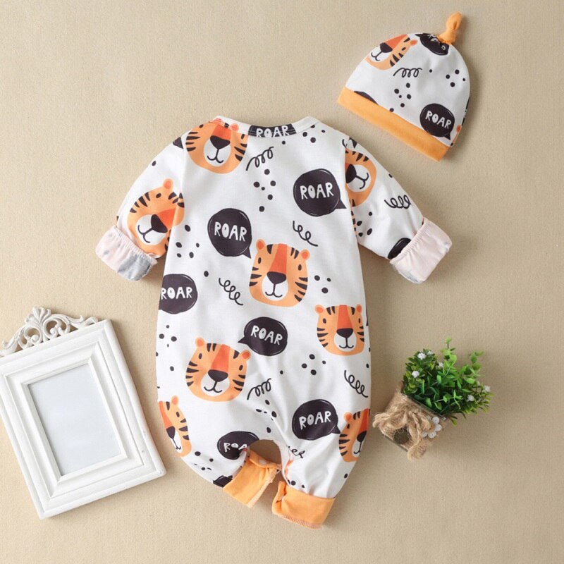 Newborn Baby Boys Girls Clothes Cartoon Animal Pattern 2Pcs Outfits Set Long Sleeve Jumpsuits+Hat Infant Toddler Clothing Suit12