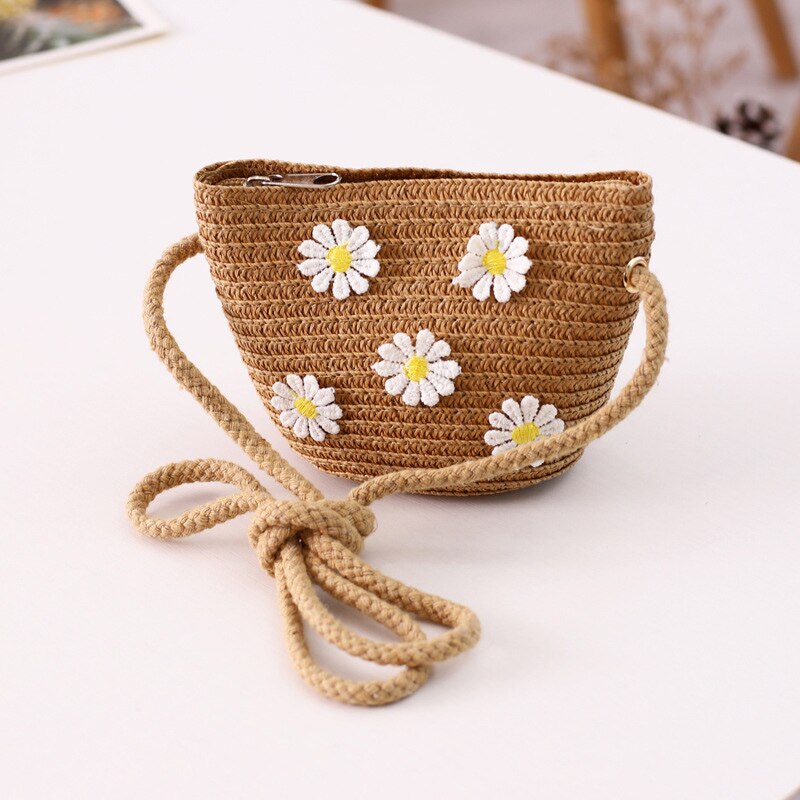 Zomer Meisje Strooien Hoed Tas Set Zon Cap Outdoor Kids Ademend Strand Hoeden Chrysant Zoete Prinses Seaside Panama Hoed: khaki bag