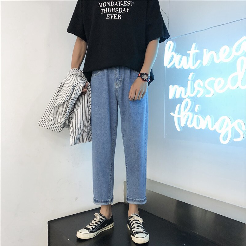 Fgkks trendmärke herr raka jeans herr enkla vilda ankellånga byxor sommar casual jeans herr: Blå / M