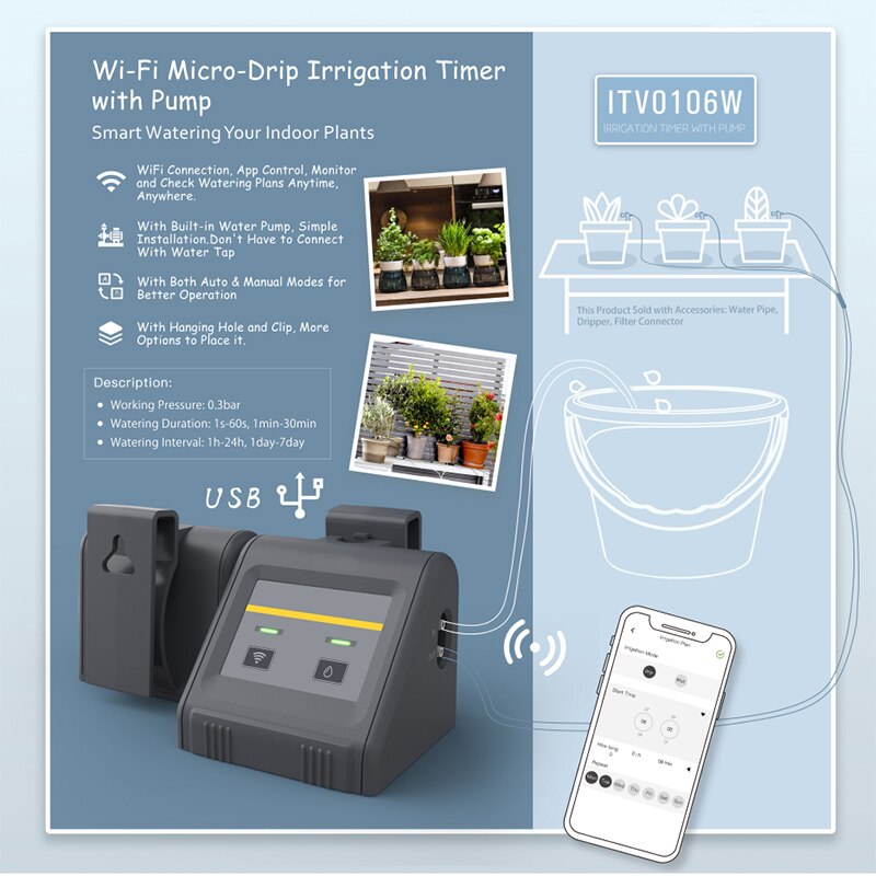 Wi-fi-forbindelse mikro-drypvandingstimersystem med pumpe lille vandpumpe programmerbar vandingsregulator