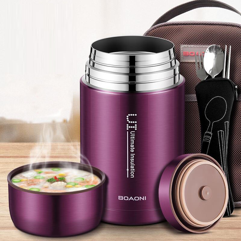 BOAONI 800ml Food Thermal Jar Vacuum Insulated Soup Thermos Containers 18/8 Stainless Steel Lunch Box with Portable Bag: 1000ml / purple