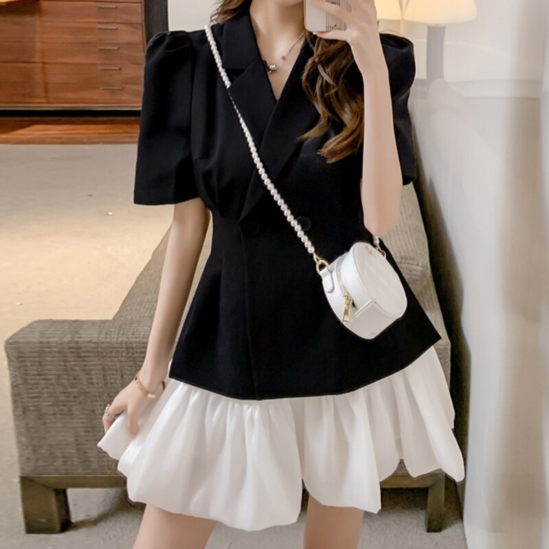 Sungtin-Conjunto de chaqueta y falda para mujer, Blazer largo de manga abombada blanca de Corea, minifaldas elegantes de línea A negra, conjuntos de 2 piezas de falda de verano