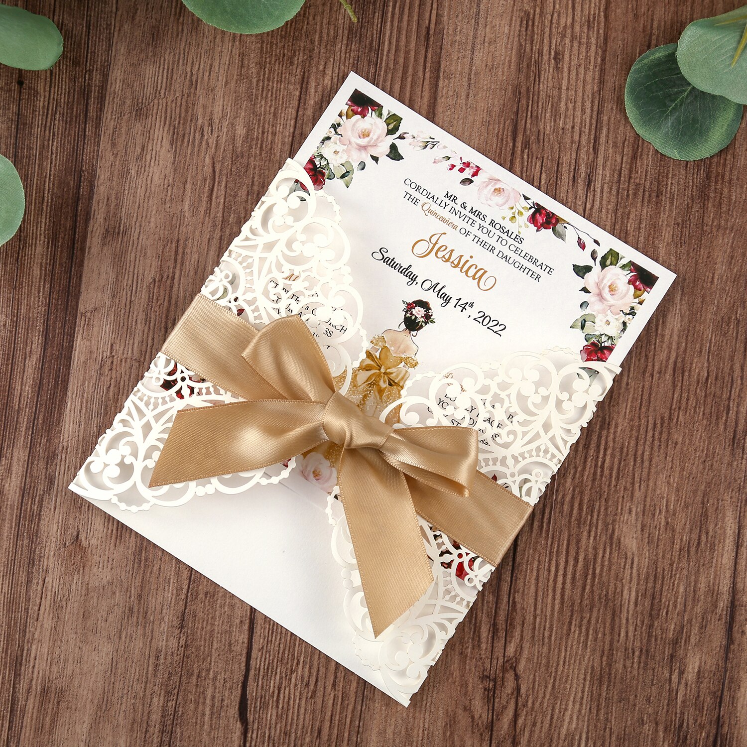 1pcs Square Wedding Invitation Card Bridal, Baby Shower Invite, Birthday, Dinner Invite, with Gold Bowknot Hollow W0004