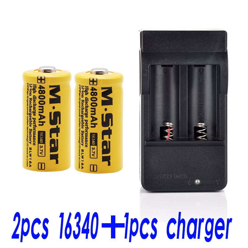 4800mAh rechargeable 3.7V Li-ion 16340 batteries CR123A battery for LED flashlight wall charger, travel for 16340 CR123A battery: 2pcsandcharger