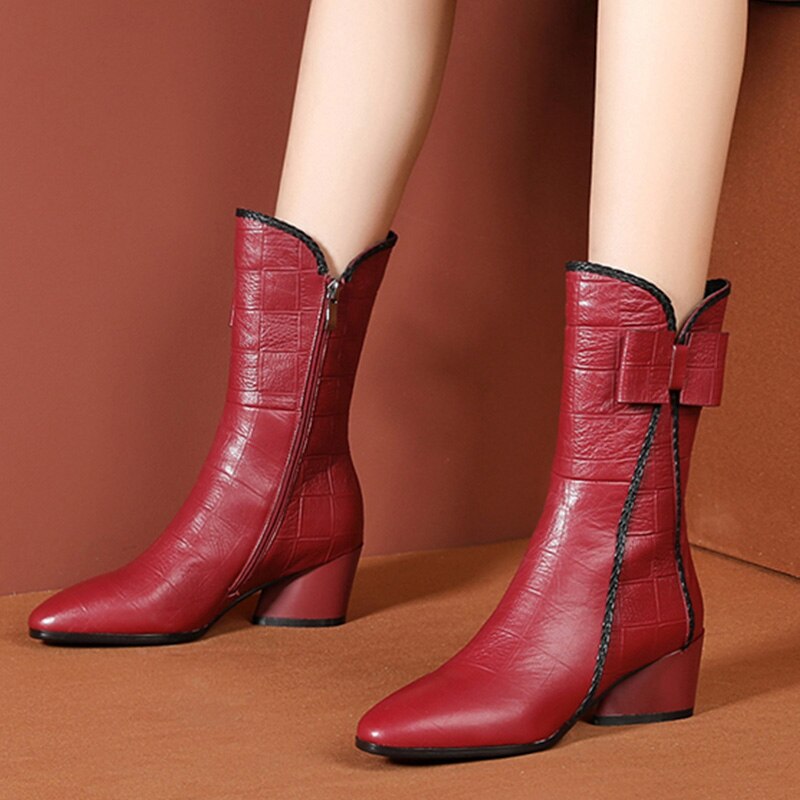 Lattice Leather Boots Women Winter Plush Boots Mid Calf Shoes Ladies Wedges Boots Runway Shoes Woman Footwear