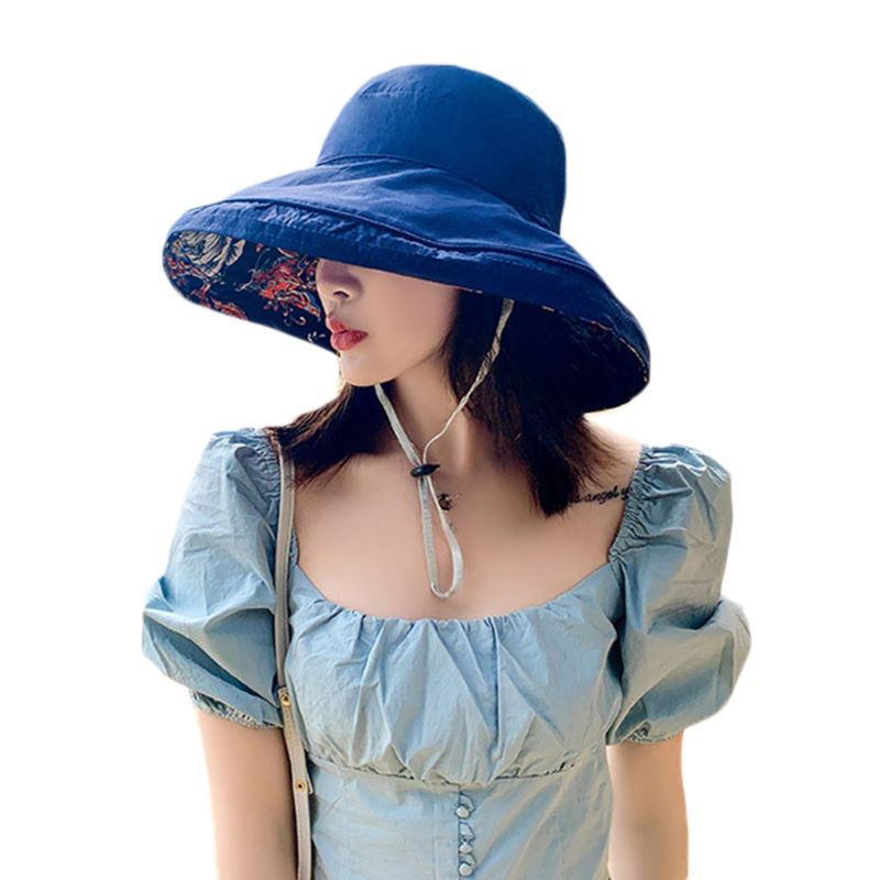 Women Boho Ethnic Floral Reversible Sun Hat Large Wide Brim UV Protection Foldable Floppy Beach Cap with Chin Strap: DB
