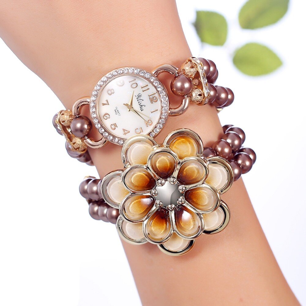 Listing Women Watch White Pearl Flower Plastic Bracelet Watch Women Quartz Rhinestone Watch Relogio Feminino