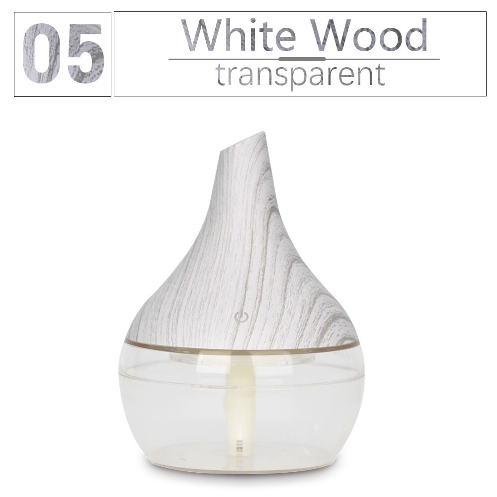 300ML USB humidifier Electric oil Aromatherapy wood grain Ultrasonic air diffuser with 7 colors lights for home office Car: white wood-trans