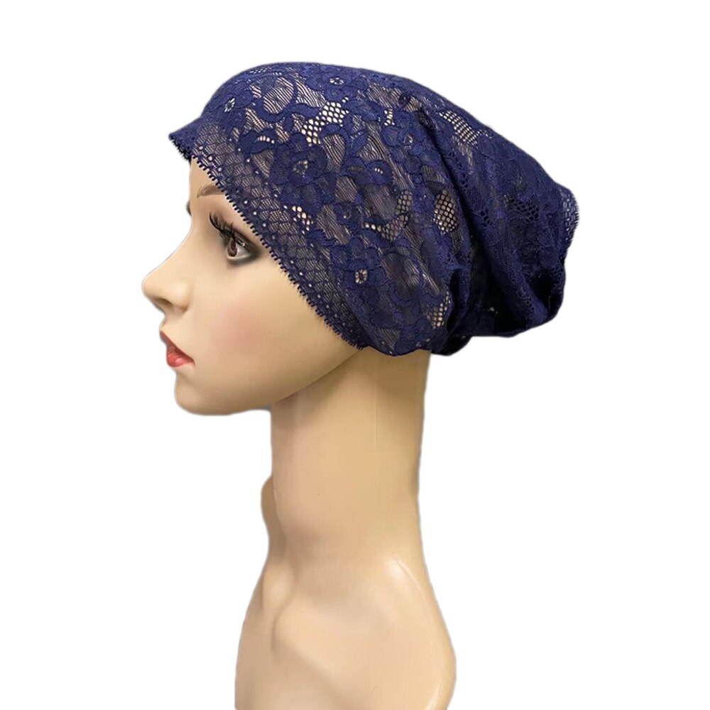 Gorro de tubo de cobertura completa para mujer, gorro interior musulmán con flores de encaje, pañuelo para la cabeza, sombrero islámico árabe, gorrito indio, turbante: 08 Navy