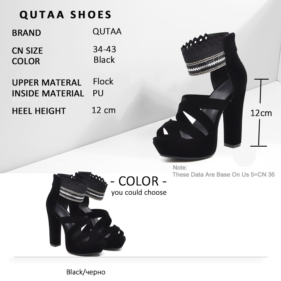 Qutaa dam sandaler fyrkantiga superhöga klack peep toe scrub+pu elastiskt band party gladiator pumps western style storlek 34-39