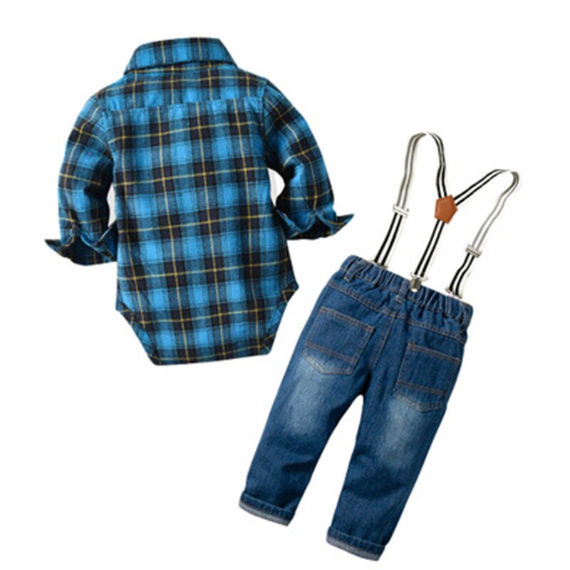 Lente Herfst Baby Boy Bow Tie Plaid Shirt Denim Kleding Katoen Rompertjes Gentleman Bib Jeans Kleding Pak Outfit 6 - 24M