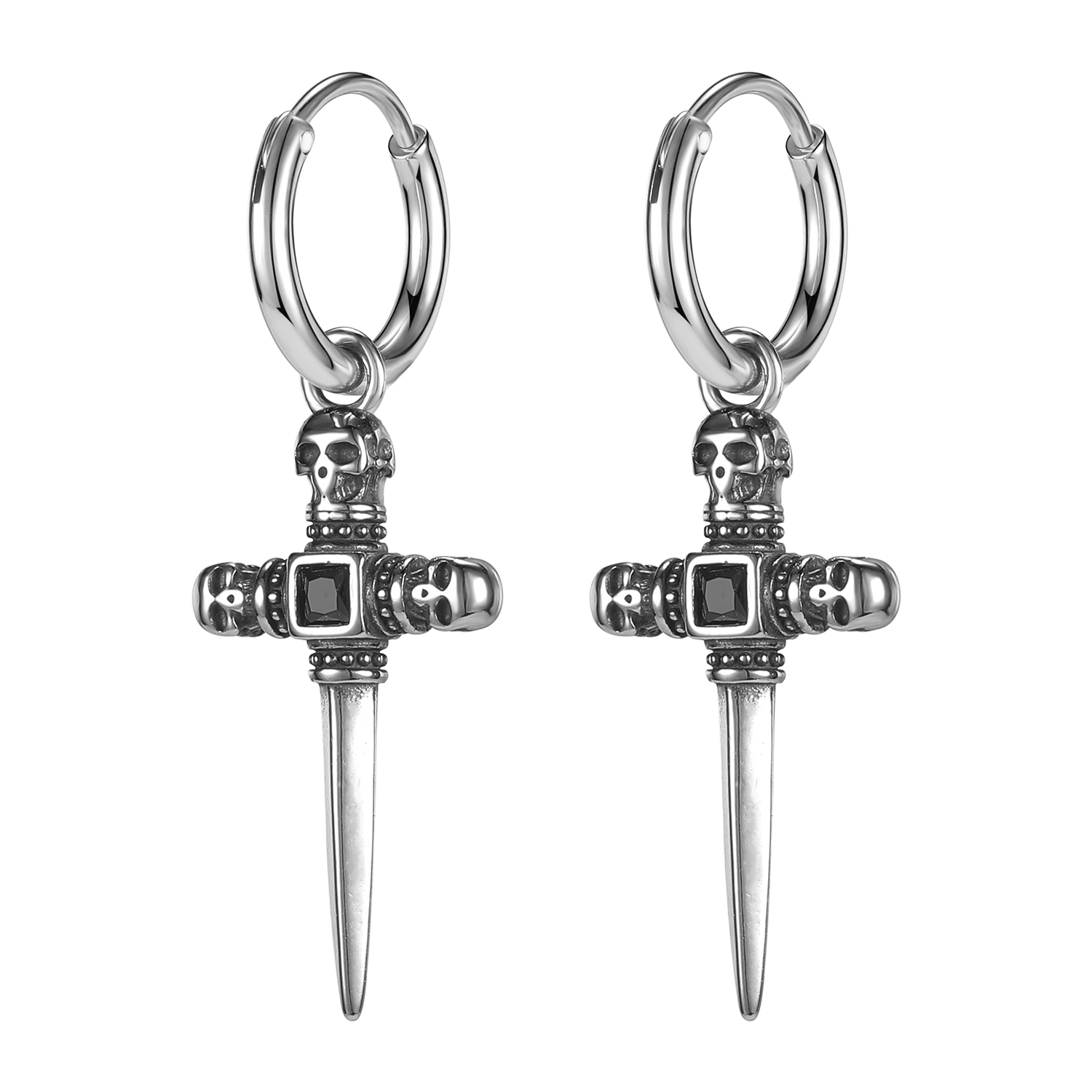 AOEDEJ Sword Hoop Earring Punk Men Skull Round Earring Gothic Earring Cross Moon Dangle Earring Steel Color Earring Men Sun: EH804