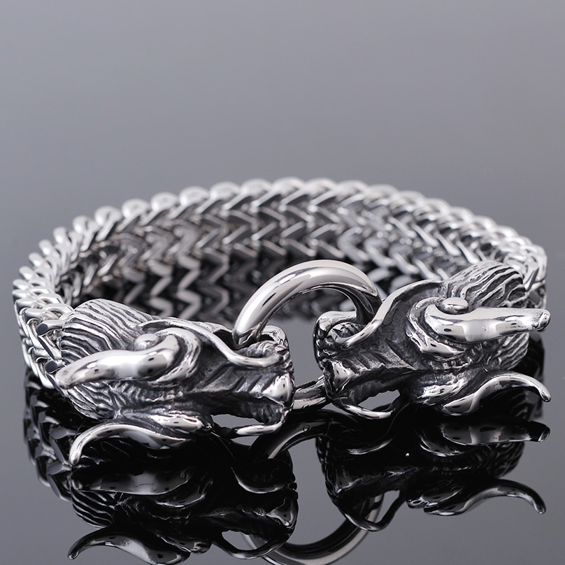 Dubbelt drakhuvud man armband för män vänskap män& #39 ;s armband punk rock 11mm rostfritt stål franco kedja manliga smycken 8.8 &quot;