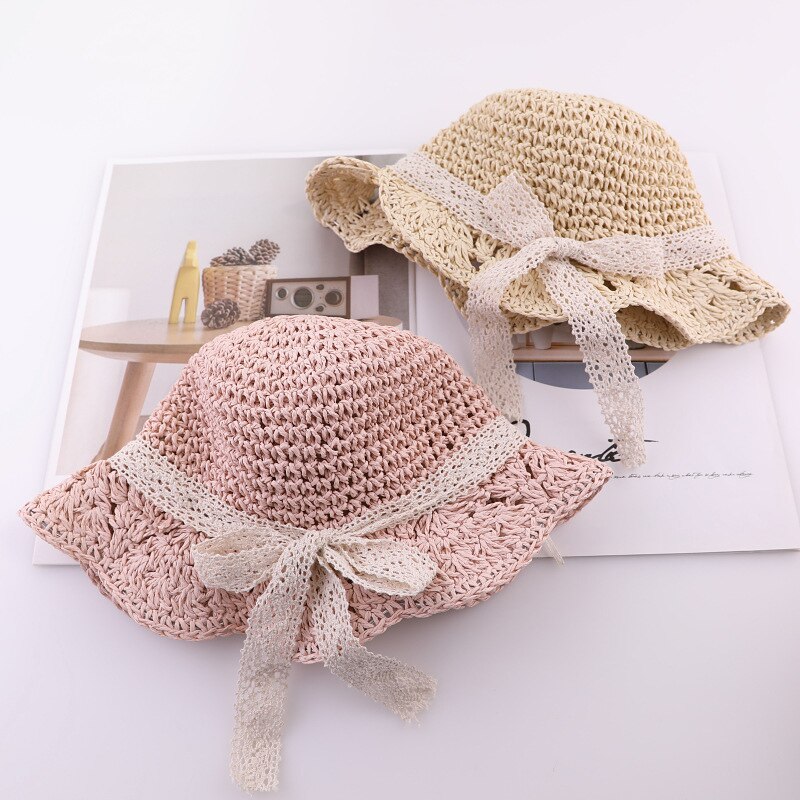 Summer Children&#39;s straw hats Baby girls breathable lace Cap bow Beach Sun Hat Wide brim Kids Princess travel sunshade Hat