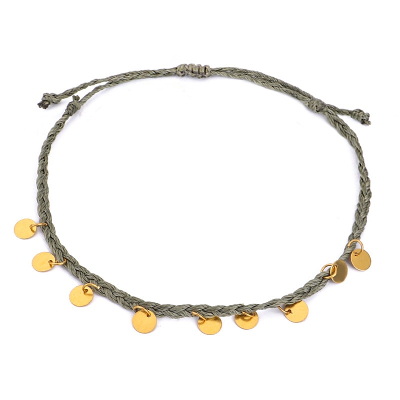 Bracelet de cheville en fil de cire tissé à la main avec pendentif en forme de disque de cuivre, bijou de plage simple pour femmes