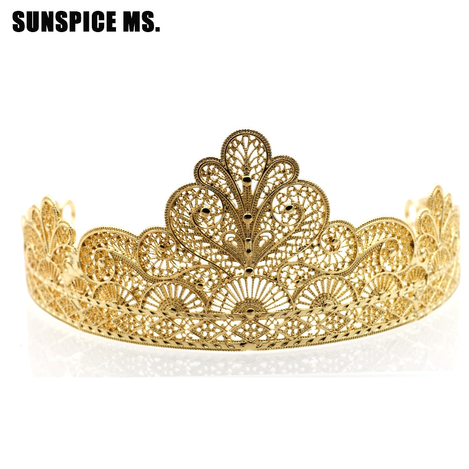 Bridal Crown Tiara - Gold Flower Rhinestone - Women's Wedding Hair Jewelry - Vintage Antique Ethnic Style