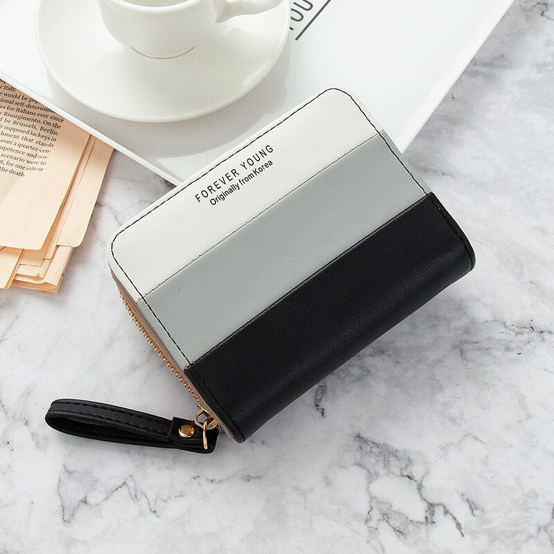 Geestock Short Wallet Women Zipper Purse Patchwork Wallets Coin Purse Multiple Card Slots Credit Card Holder PU Leather: Black