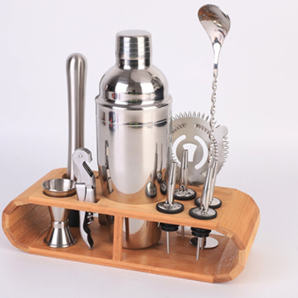 12Pcs/Set Cocktail Shaker Set Bartender Kit With Wooden Stand Drinks Strainer Bottle Opener Maker Mixer 750ML Kit Home Bar Party