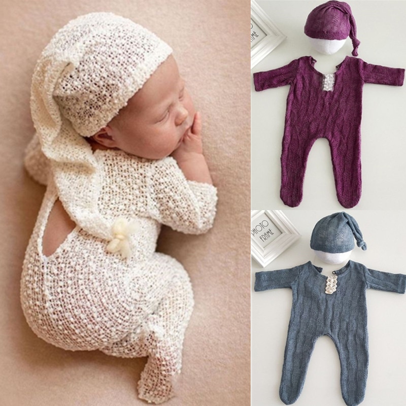 2 Stuks Pasgeboren Fotografie Props Pak Romper + Hoed Set Lange Mouw Jumpsuits Bodysuit Handgemaakte Knit Outfit Kleding Zuigelingen Douche