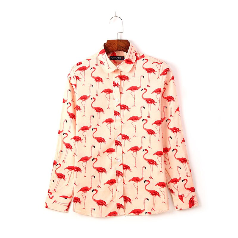 SISHION – chemisier en coton imprimé flamant rose pour femmes, manches longues, Vintage, chemises pour dames, VD1324