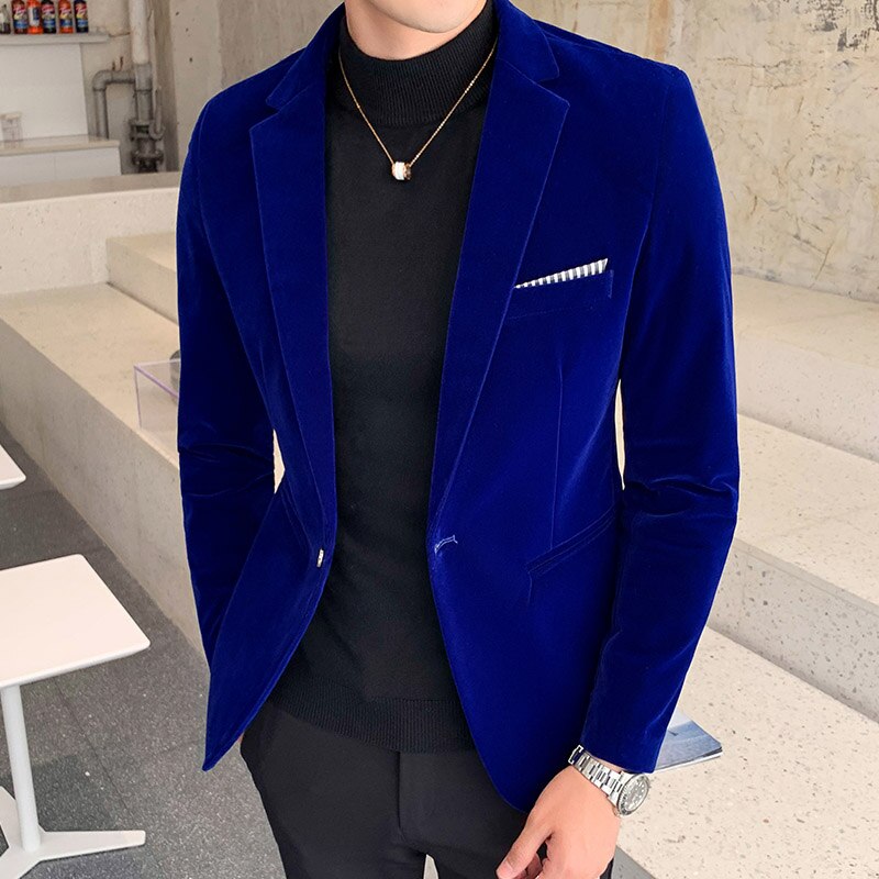 Wine Navy Velvet Men's Jacket dress Men Wedding Suit Male Blazers Slim Fit Suits for Mens Costume Business Formal Party Blazer: Blue / Size 3XL 70 to75 kg