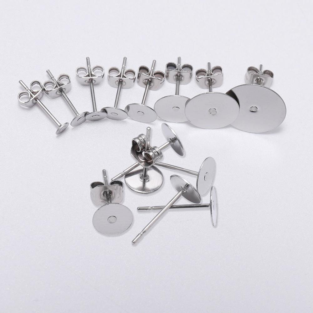 Lote de pendientes de poste de acero inoxidable blanco, 100 unidades, pasadores de Base con tapón para pendientes, reverso de oreja para joyería DIY, soporte de cabujón