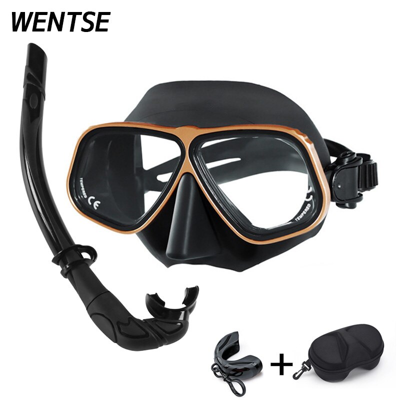 Color Alloy frame free diving goggles scuba full face mask wet tube kit Snorkeling equipment Ultra low volume Free-dive: Black yellowr Kit