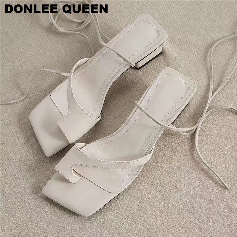 Sandalias de tacón bajo y punta cuadrada a la de para mujer, sandalias de gladiador con cordones, sandalias con correa en la espalda, zapatos de verano informales para mujer, sandalias de playa