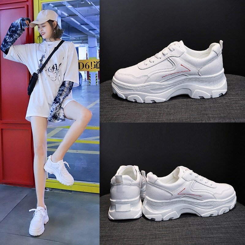 Chunky Sneakers Women Shoes Woman Flats Lace Up Thick Bottom High Heels Platform Students White Casual Shoes Plus Size