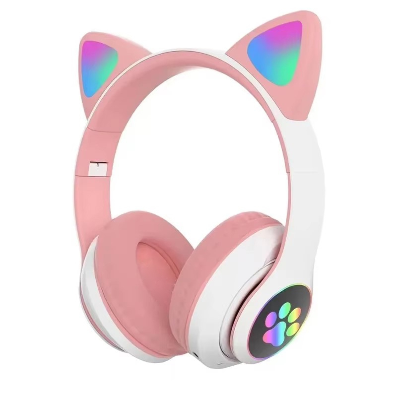 JST-28 auriculares inalámbricos con orejas de gato auriculares Bluetooth auriculares de música estéreo auriculares deportivos Bluetooth para juegos con micrófono para teléfonos: Rosa