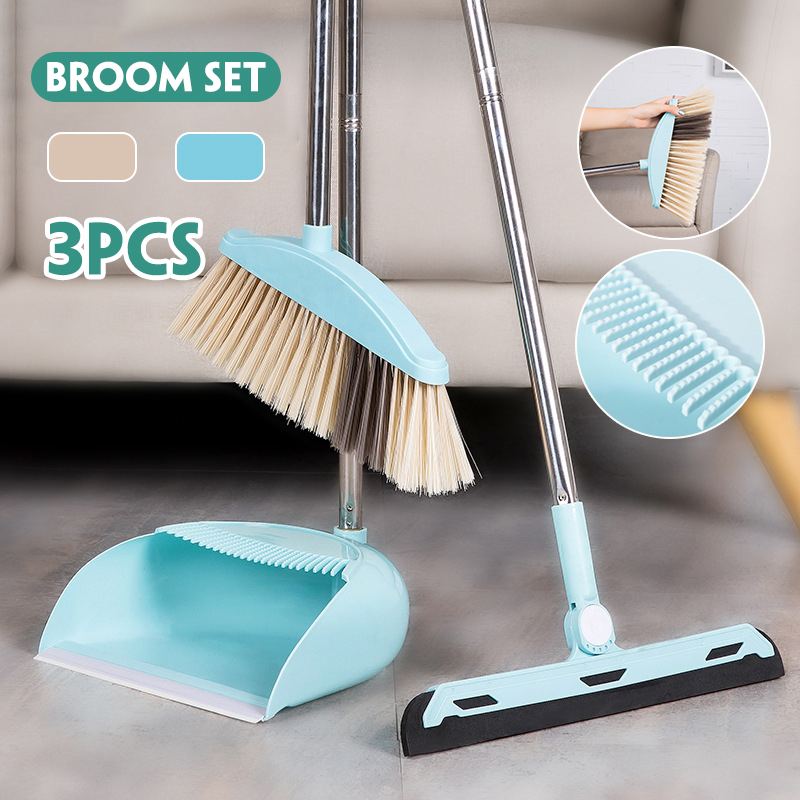 3 PCS Broom Dustpan Set With Fully Squeegee Clean Floor Dust Sweeper Wiper Broom for Home Office Garden Kitchen Cleaning Tool
