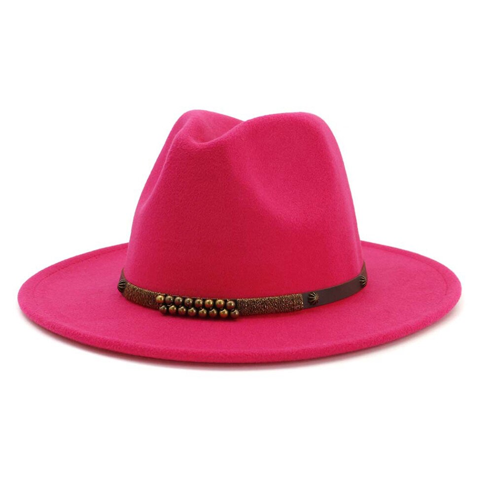 Men Women Fedora Hat With Belt Wide Brim Hat Ladies Winter Hat Pop Jazz Hat: Rose Red