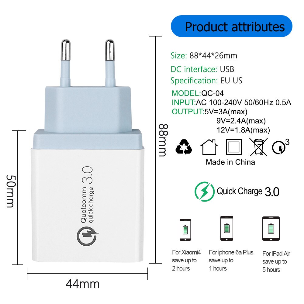 Kebidu USB Charger Quick Charge 3.0 Fast Charger QC3.0 Multi Plug Adapter Wall Mobile Phone Charger For iPhone Samsung Xiaomi