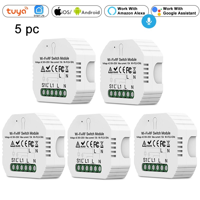 Mini DIY WiFi RF433 Smart Light Switch Module Relay Tuya Smart Life Voice Control 1/2 Way Wall Switch Breaker Alexa Google Home: 5pcs