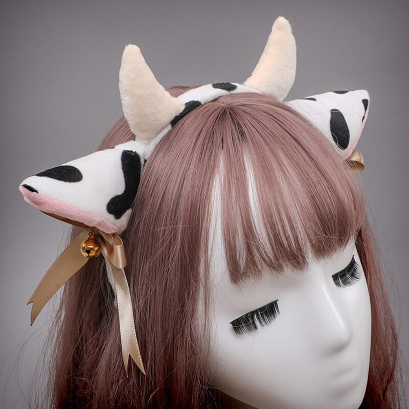 Diadema de orejas de vaca de felpa con campanas, Lazo de cinta, Cosplay de Lolita, diadema para el pelo, A69F