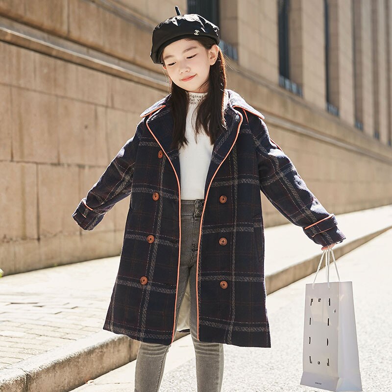 Cappotto di lana per bambina 2021 autunno e inverno nuovo plaid retrò giacca a vento spessa di media lunghezza cappotto di lana per bambini abbigliamento abbigliamento