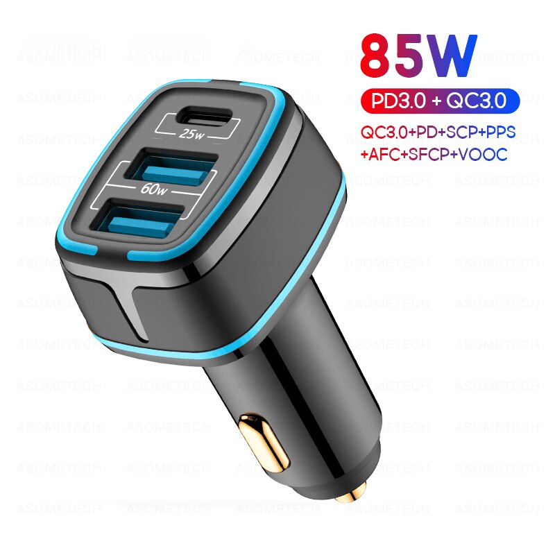 85W LED Auto Ladegerät USB Typ C 3Hafen PPS SCP AFC PD QC 3,0 Schnell Ladegerät Für Laptop Auto Telefon Ladegerät Für iPhone Huawei Samsung: Schwarz 85W