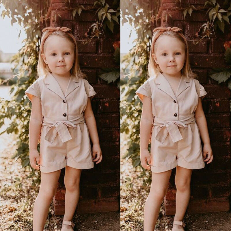 Småbarn barn bebis flickor sommar jumpsuit fluga midja romper overall liten dam jumpsuit playsuit