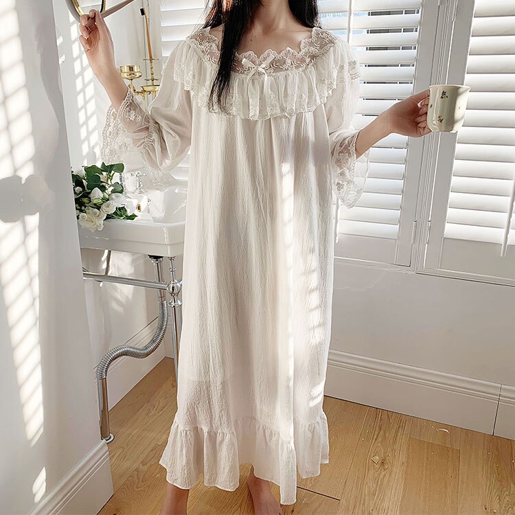 Vrouwen Lolita Jurk Prinses Sleepshirts Vintage Dame Palace Stijl Bloem Borduren Kant Nachthemden. Nachthemd Slaap Loungewear