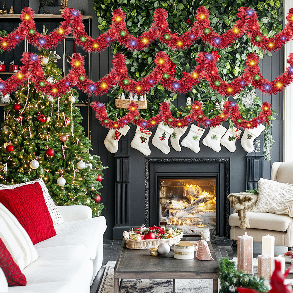 Guirnalda de oropel navideño con 50 luces LED, decoraciones gruesas metálicas brillantes para interiores/exteriores, para fiestas navideñas, 1 ud.