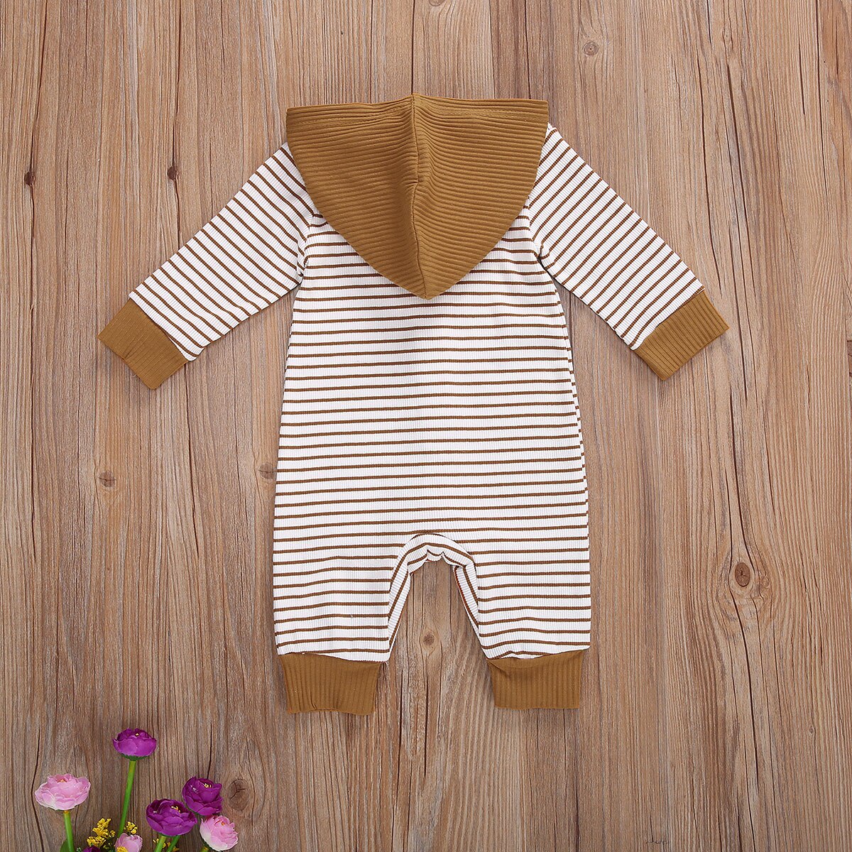 Baby Baby Hooded Romper Gestreepte Lange Mouwen Hooded Jumpsuit Lente Herfst Voor Meisjes Jongens, Kaki/Geel/Roze
