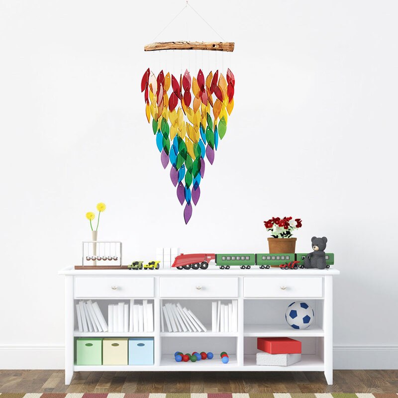 Rainbow fall leaf wind chime Dream Catcher floating wood Hanging Wind Chimes outdoor teak nordic Ornament Garden Bedroom Decor