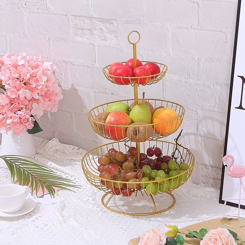 Frutero de hierro forjado moderno para sala de estar, plato de fruta de tres capas para el hogar, bandeja de fruta seca multicapa, estante de almacenamiento