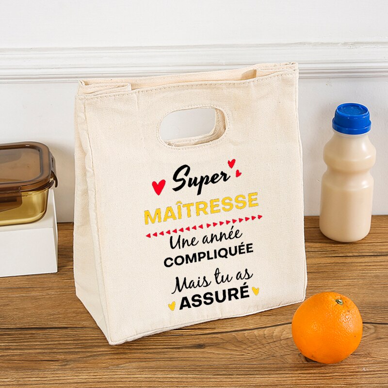 Merci Maîtresse geïsoleerde lunchtas voor dames Koeltas Thermische tas Draagbare lunchbox Zakken Ijspak Tote Voedsel Picknickzakken Cadeau: Zilver