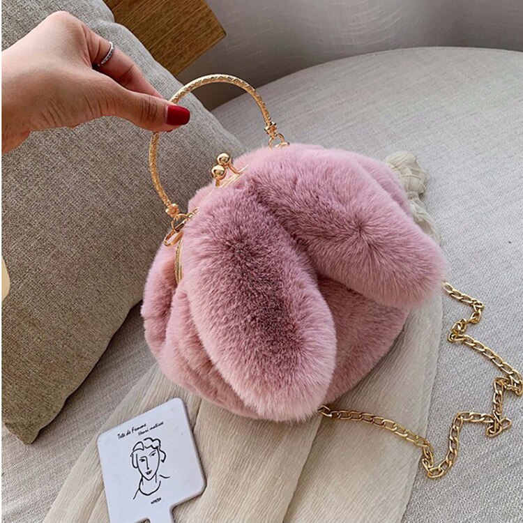 Hocodo Faux Fur Pluche Crossbody Tassen Voor Vrouwen Konijnenoren Leuke Tassen Keten Messenger Bag Dames Handtassen En Portemonnees bolsas: Pink