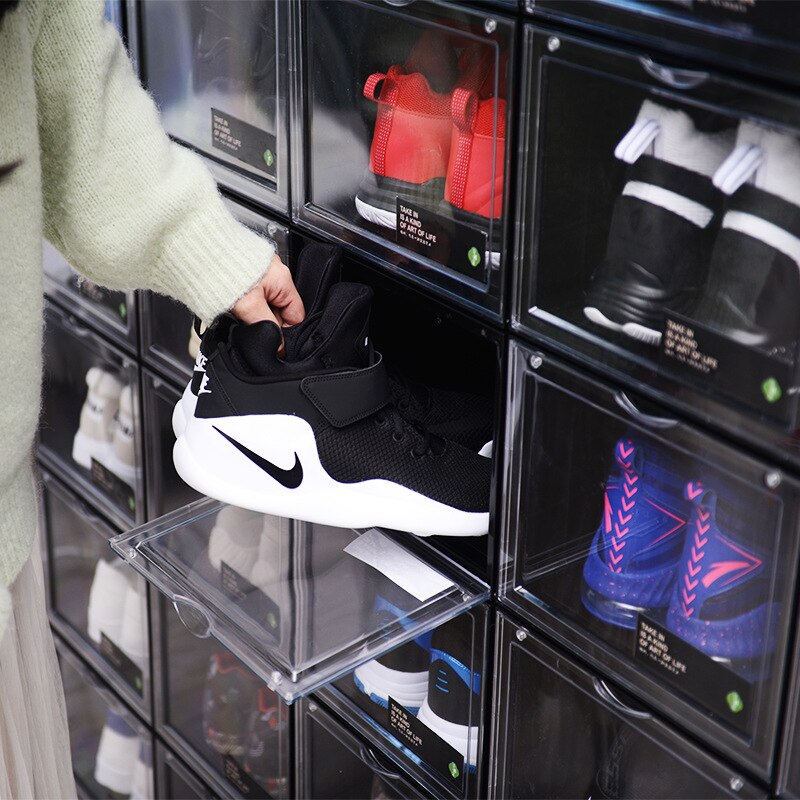 basketball shoe box transparent magnetic suction side door shoe cabinet acrylic plastic household clamshell high-top