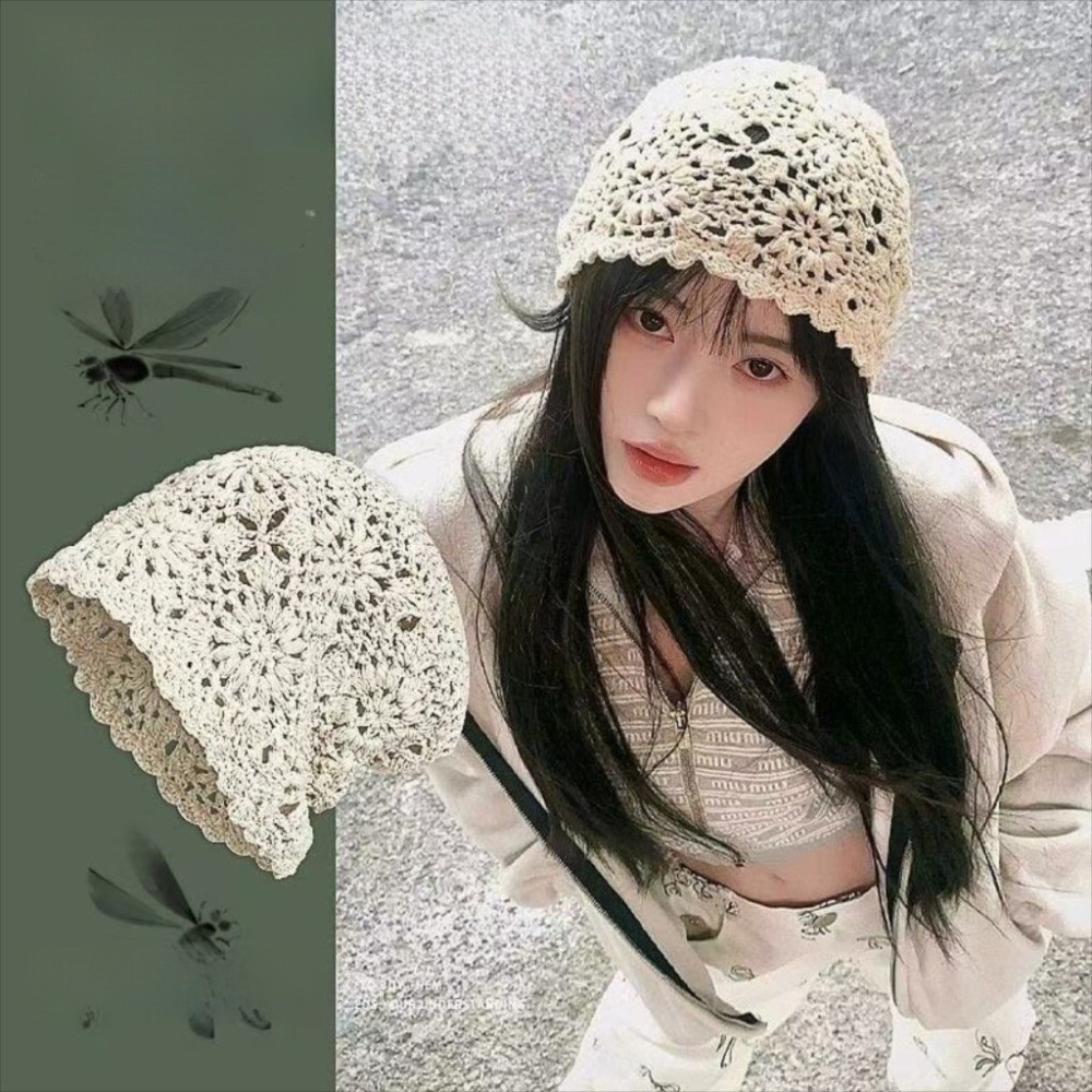 Bohemian Style Crochet Flower Knitted Hat Thin Korean Lace Woven Cap Handmade Apparel Accessories Hollowed Out Beanie Cap Casual